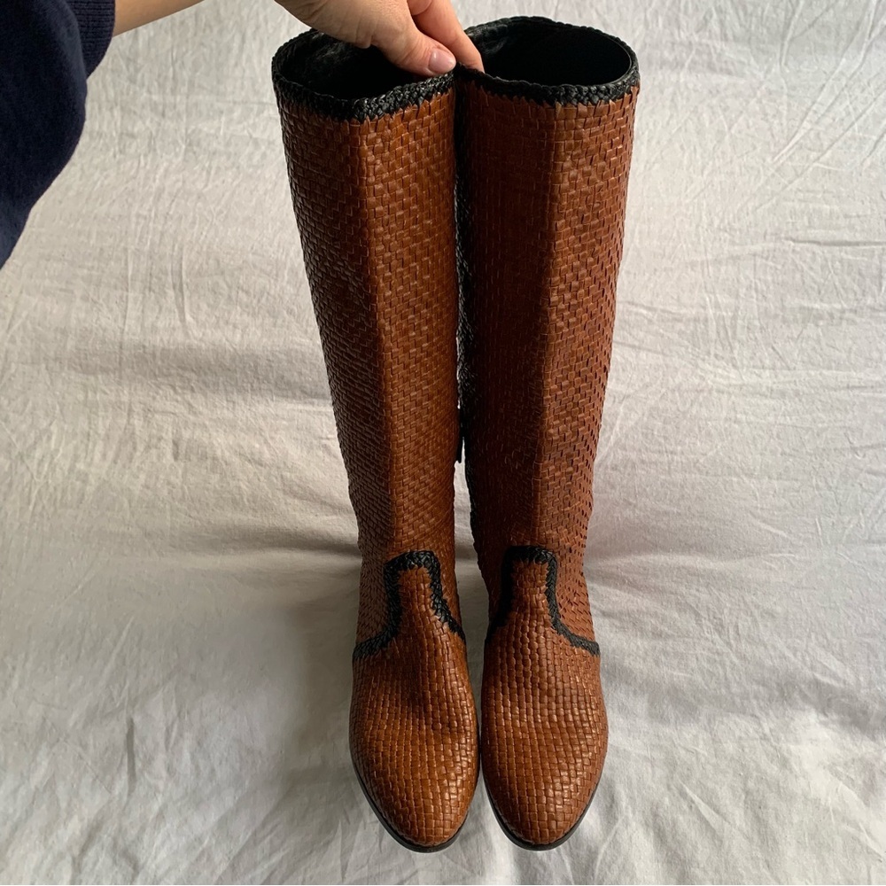 Vintage Prada Woven Leather Riding Knee High Pointy Toe Boots Brown Tan Black - Picture 3 of 10